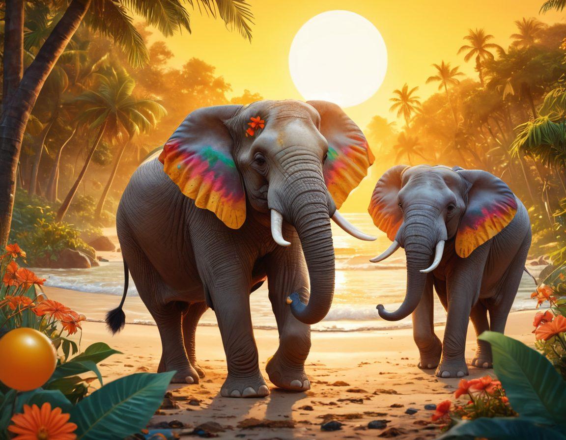 A whimsical illustration of elephants with exaggerated, playful features, showcasing their majestic stature. They are interacting humorously in a lush, vibrant jungle setting, adorned with colorful flowers and playful creatures. One elephant is wearing oversized glasses, while another balances a beach ball on its trunk. The golden sunlight filters through the foliage, casting a warm glow. cartoon-style. vibrant colors. whimsical elements.