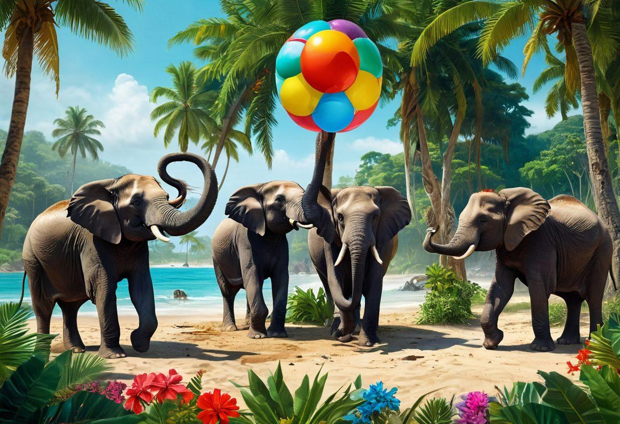 A whimsical scene showcasing a group of playful elephants frolicking in a vibrant jungle. One elephant is playfully spraying water with its trunk, another is balancing a colorful beach ball on its head, while a third leans against a tall palm tree wearing oversized sunglasses. Surrounding them are lush green foliage, exotic flowers, and playful monkeys adding to the humor and allure. Bright and cheerful atmosphere, suitable for a light-hearted blog about elephants. colorful and vibrant. illustration style.