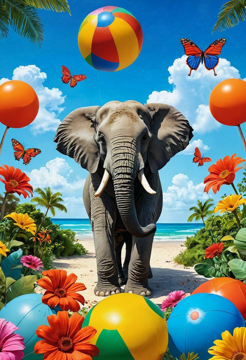 A vibrant scene of elephants playfully interacting in a whimsical jungle setting, surrounded by oversized colorful flowers and playful wildlife. One elephant is balancing on a beach ball while another wears oversized sunglasses, under a clear blue sky with fluffy clouds. The atmosphere exudes joy and silliness, capturing the wild and whimsical nature of elephants. cartoon style. bright colors. whimsical background.